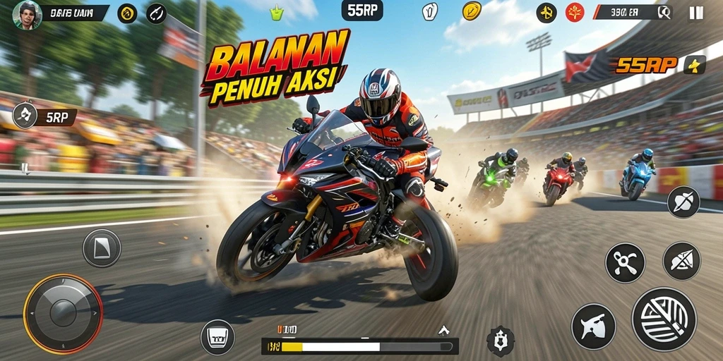 Tampilan gameplay seru di 55RP saat balapan motor.