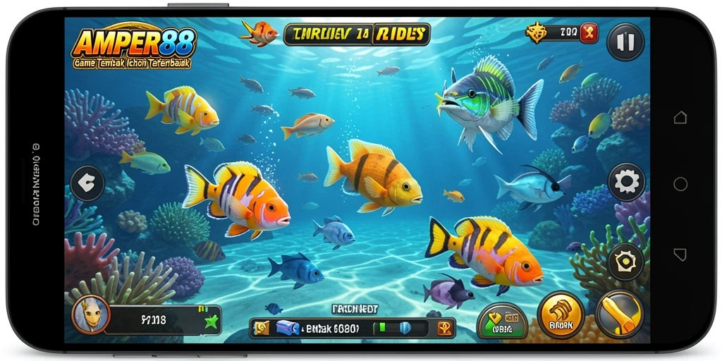 Screenshot dari gameplay AMPER88 menampilkan momen seru saat menembak ikan.