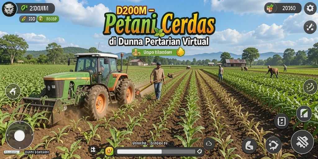 Screenshot utama D200M menampilkan petani bekerja di ladang penuh tanaman.