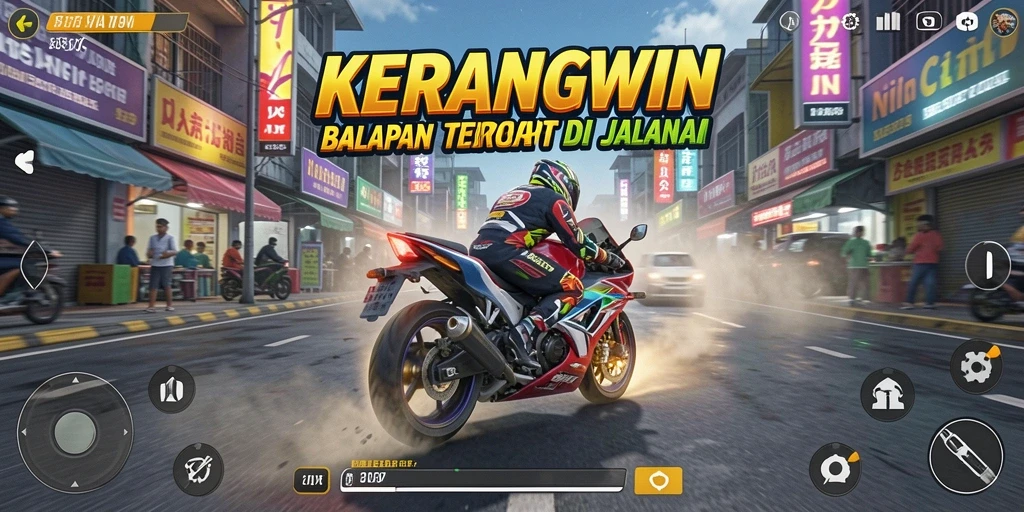 Screenshot KERANGWIN menampilkan aksi balapan motor mendebarkan.