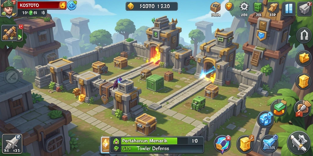 Tangkapan layar KOSTOTO menampilkan aksi menawan dalam pertempuran Tower Defense.