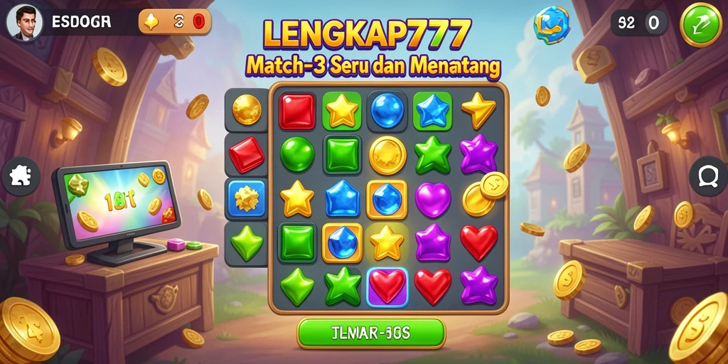 Tangkapan layar dari gameplay Match-3 LENGKAP777 yang penuh warna.