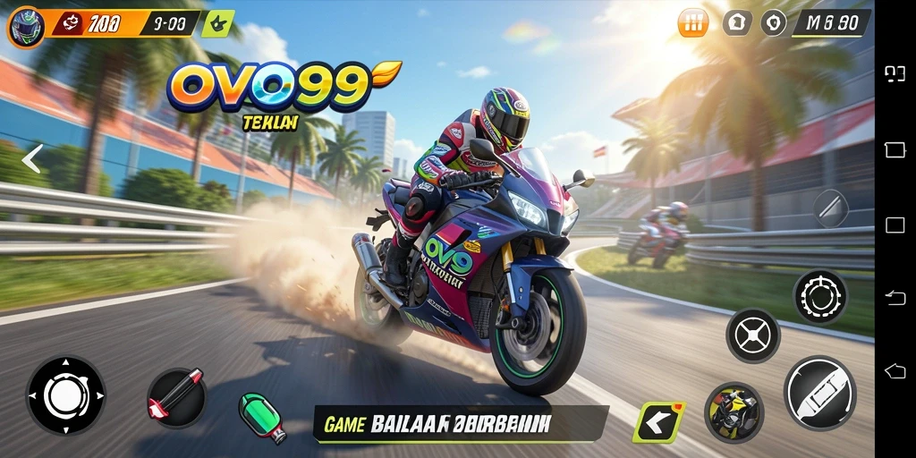 Tampilan gameplay mendebarkan dari OVO99 di trek balapan.