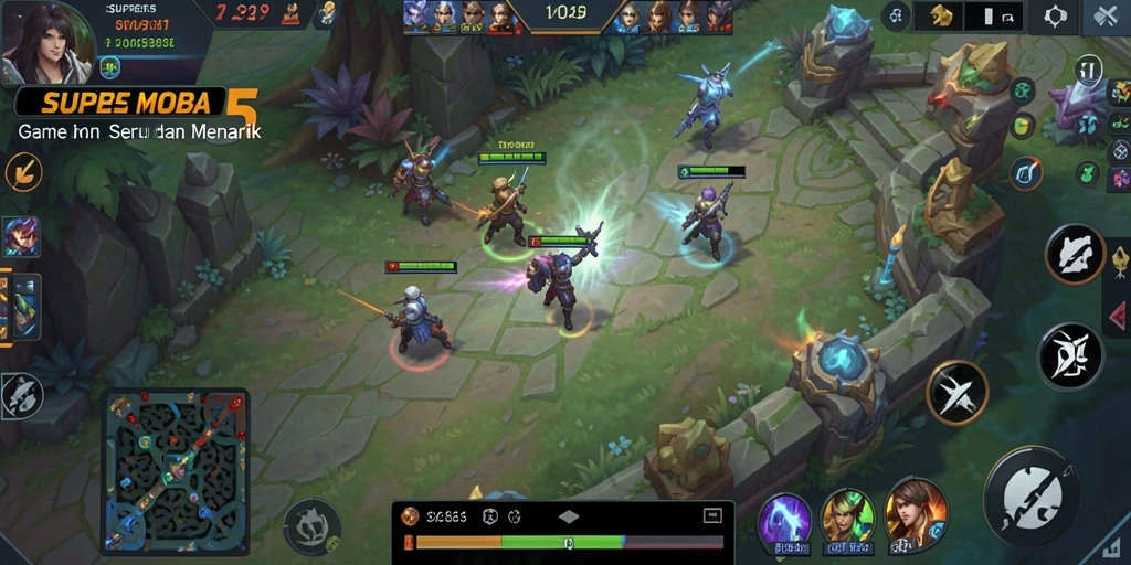 Tangkapan layar gameplay SUPER5 yang menampilkan pertarungan seru dalam arena.