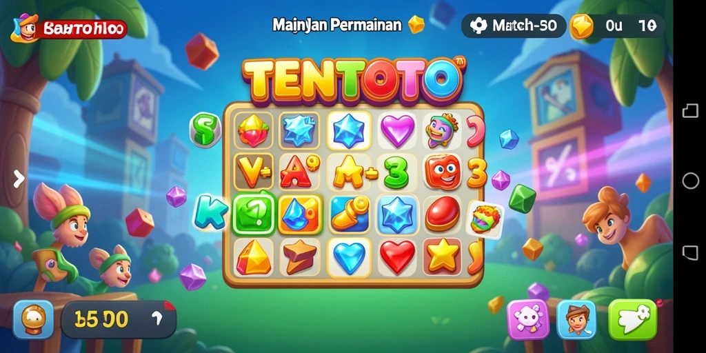 Screenshot gameplay TENTOTO menunjukkan kombinasi elemen warna-warni.
